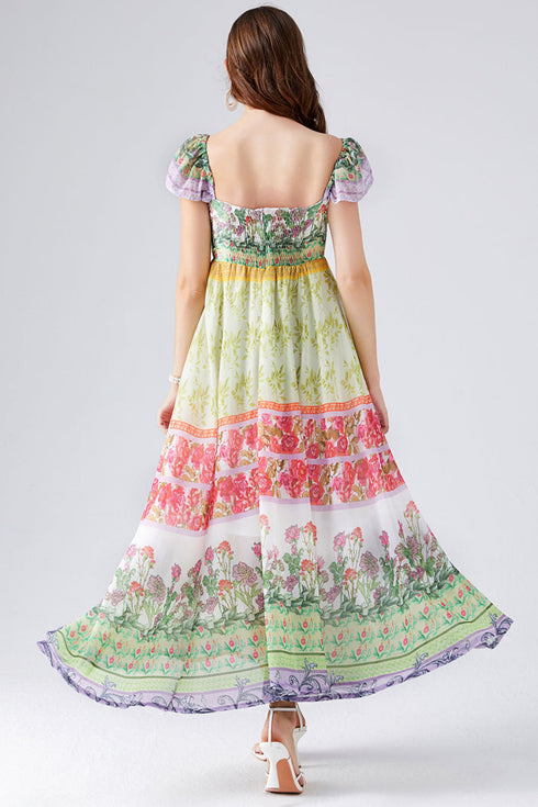 Runway Fashion Bohemain Chiffon Enchanting Floral Print, Slash Neck, High Waist, Big Swing Party, Cocktail, Holiday Maxi Dress